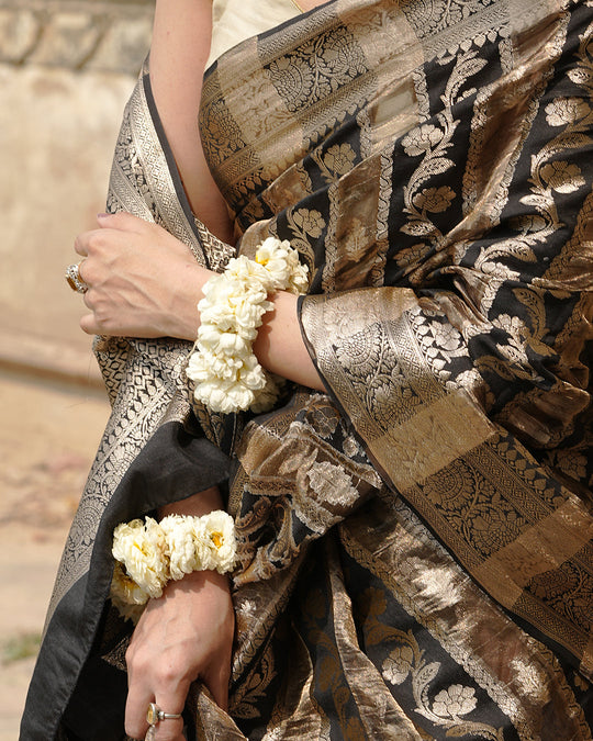 Black & Gold Pure Banarasi and Tissue Silk Saree with Floral Stripe Weaves