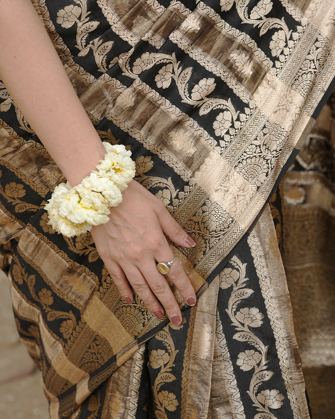 Black & Gold Pure Banarasi and Tissue Silk Saree with Floral Stripe Weaves