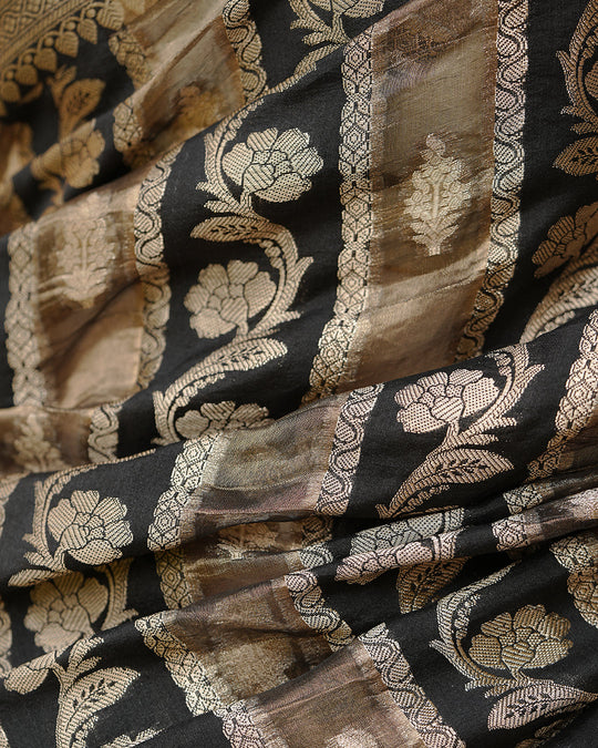 Black & Gold Pure Banarasi and Tissue Silk Saree with Floral Stripe Weaves