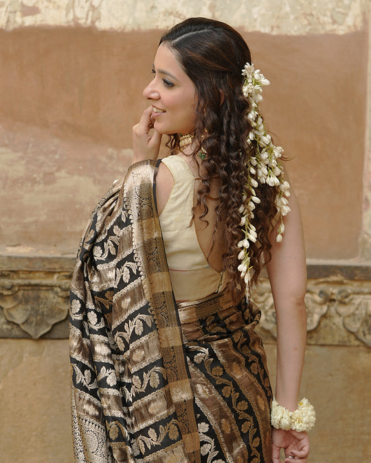 Black & Gold Pure Banarasi and Tissue Silk Saree with Floral Stripe Weaves