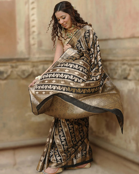 Black & Gold Pure Banarasi and Tissue Silk Saree with Floral Stripe Weaves