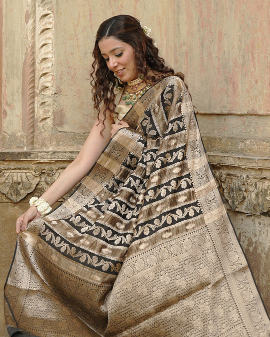 Black & Gold Pure Banarasi and Tissue Silk Saree with Floral Stripe Weaves