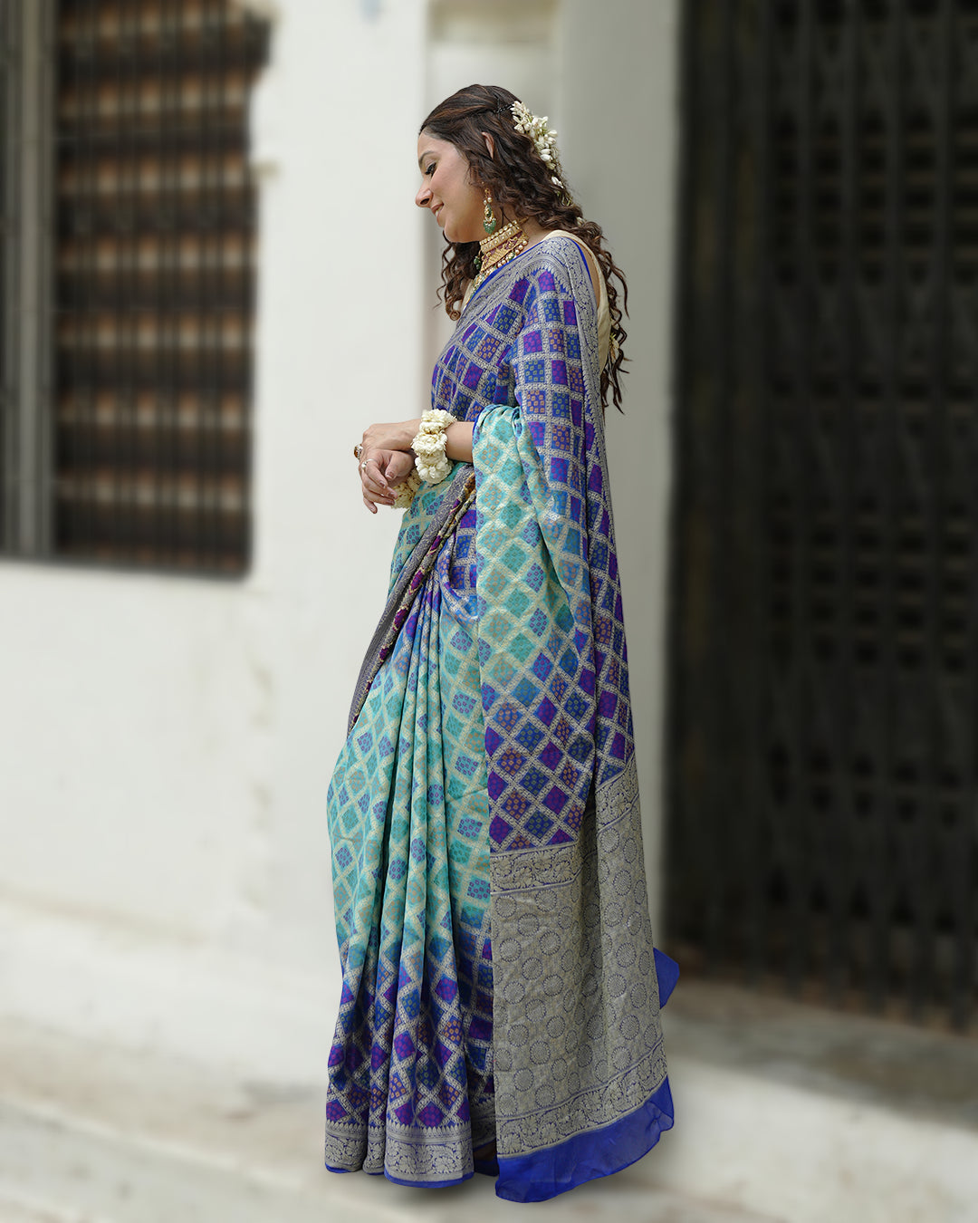 Turquoise & Blue Pure Chiffon Saree with Vibrant Rangkat Weaves