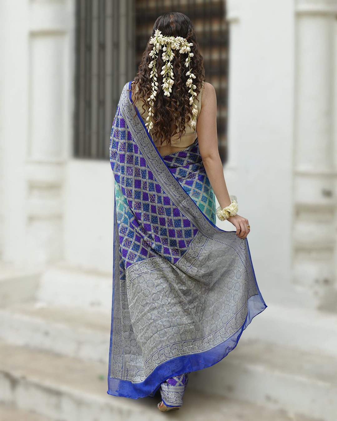 Turquoise & Blue Pure Chiffon Saree with Vibrant Rangkat Weaves