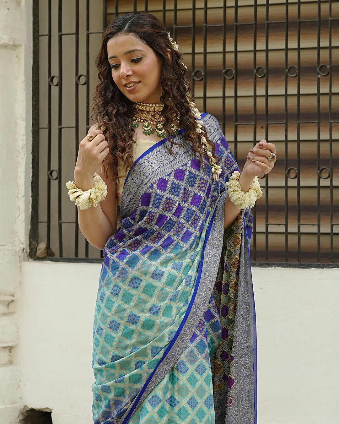 Turquoise & Blue Pure Chiffon Saree with Vibrant Rangkat Weaves