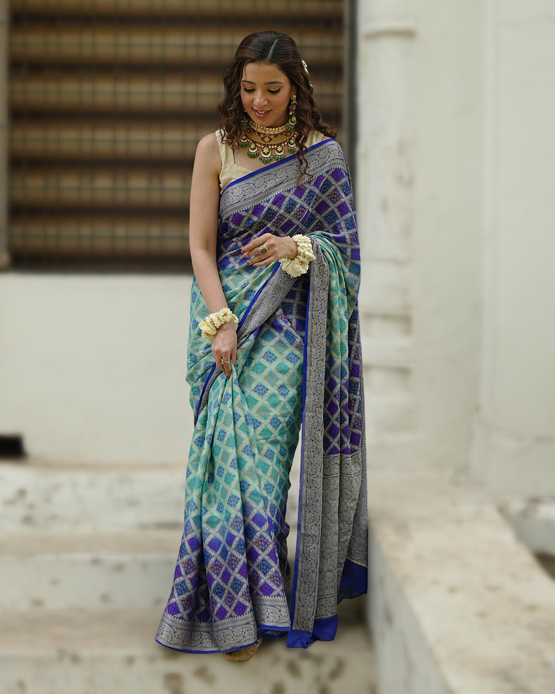 Turquoise & Blue Pure Chiffon Saree with Vibrant Rangkat Weaves