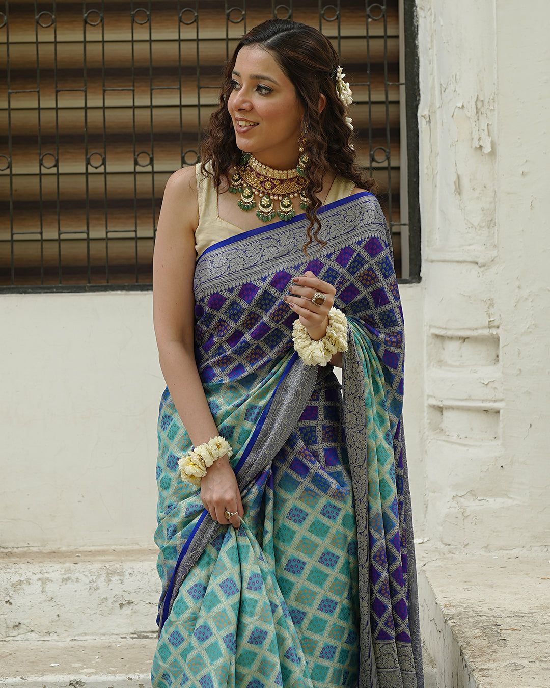 Turquoise & Blue Pure Chiffon Saree with Vibrant Rangkat Weaves