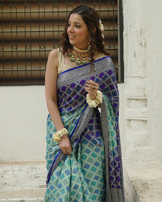 Turquoise & Blue Pure Chiffon Saree with Vibrant Rangkat Weaves