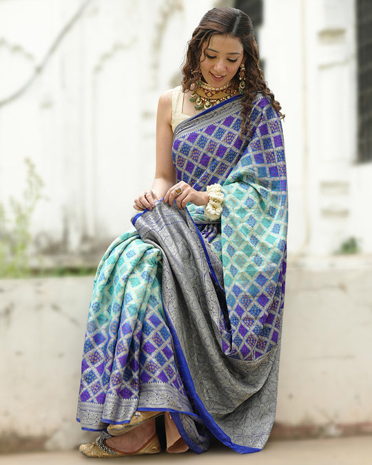 Turquoise & Blue Pure Chiffon Saree with Vibrant Rangkat Weaves