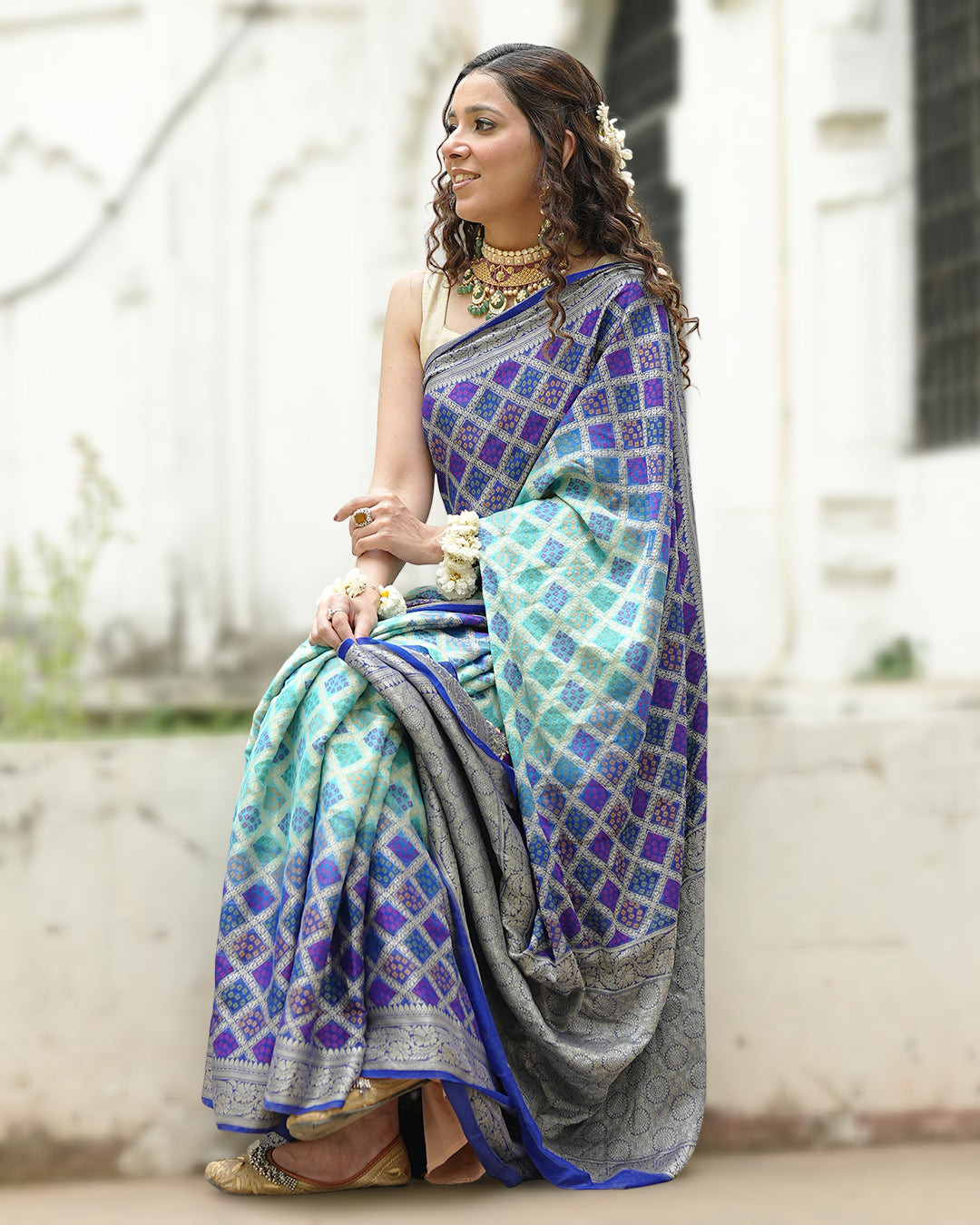 Turquoise & Blue Pure Chiffon Saree with Vibrant Rangkat Weaves