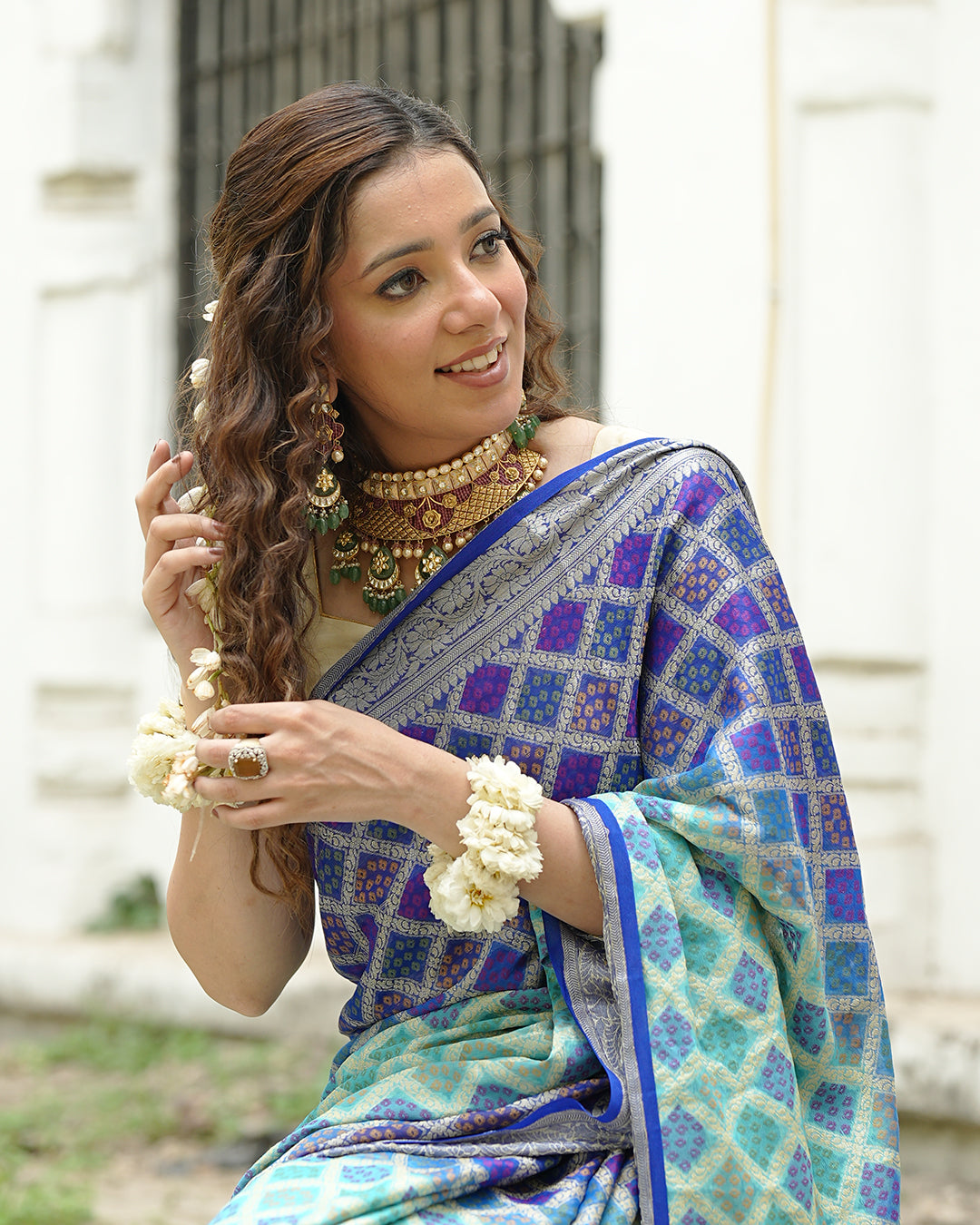 Turquoise & Blue Pure Chiffon Saree with Vibrant Rangkat Weaves