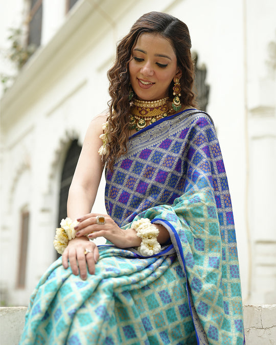 Turquoise & Blue Pure Chiffon Saree with Vibrant Rangkat Weaves