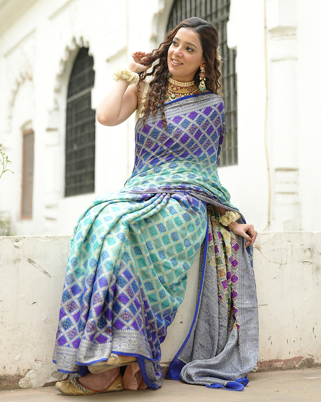 Turquoise & Blue Pure Chiffon Saree with Vibrant Rangkat Weaves