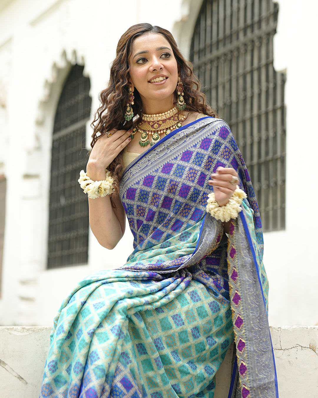Turquoise & Blue Pure Chiffon Saree with Vibrant Rangkat Weaves