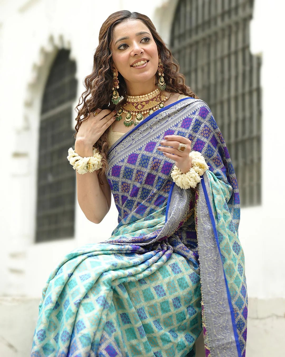 Turquoise & Blue Pure Chiffon Saree with Vibrant Rangkat Weaves - katansi