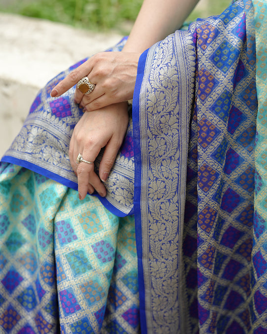 Turquoise & Blue Pure Chiffon Saree with Vibrant Rangkat Weaves