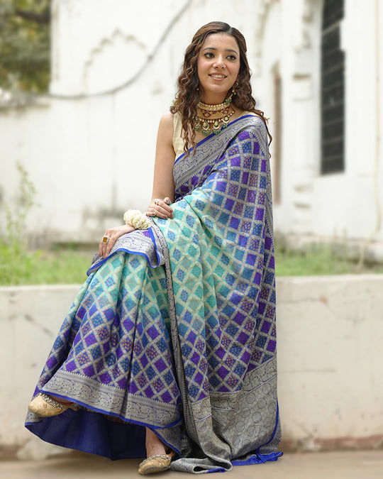 Turquoise & Blue Pure Chiffon Saree with Vibrant Rangkat Weaves