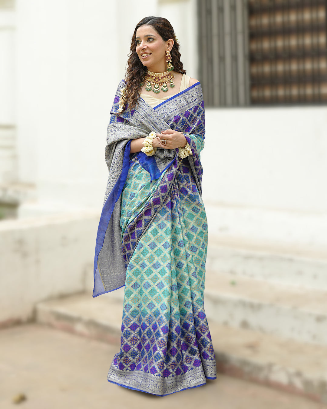 Turquoise & Blue Pure Chiffon Saree with Vibrant Rangkat Weaves