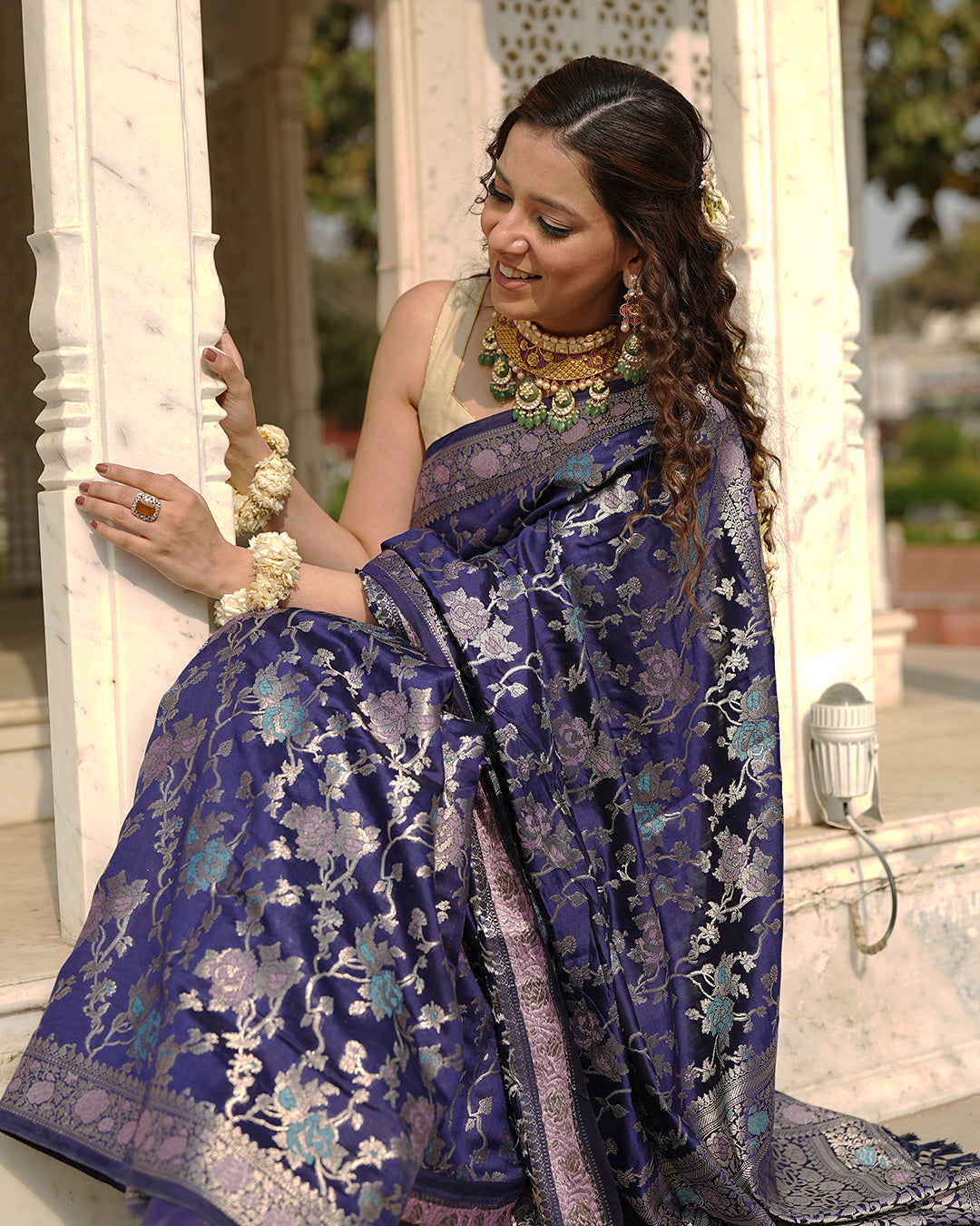 Navy Pure Banarasi Saree with Floral Meenakari Forest Weaving