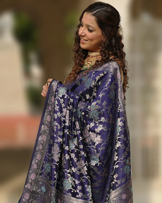 Navy Pure Banarasi Saree with Floral Meenakari Forest Weaving
