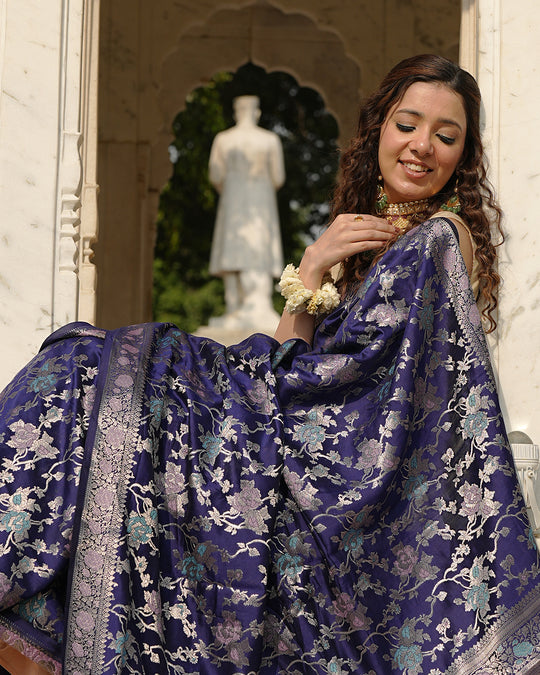 Navy Pure Banarasi Saree with Floral Meenakari Forest Weaving