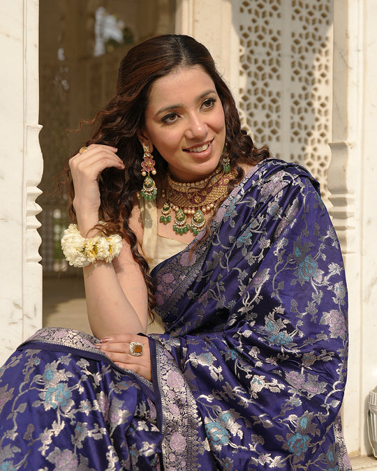 Navy Pure Banarasi Saree with Floral Meenakari Forest Weaving