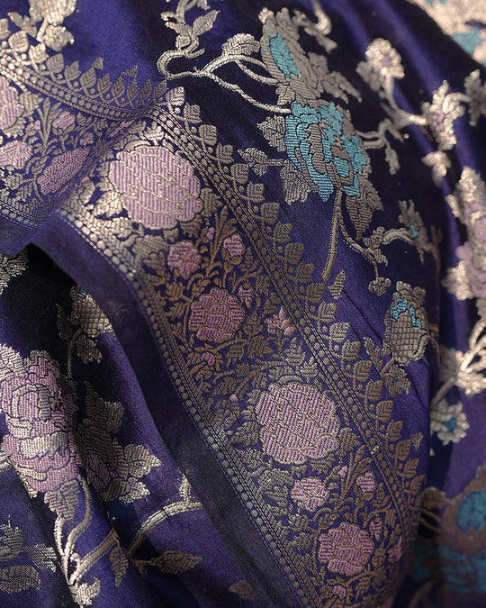 Navy Pure Banarasi Saree with Floral Meenakari Forest Weaving