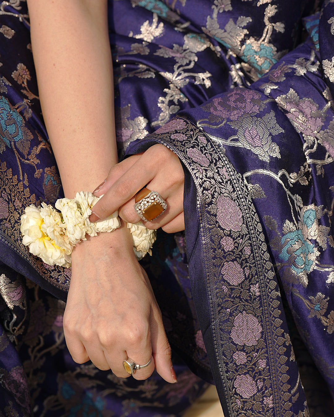 Navy Pure Banarasi Saree with Floral Meenakari Forest Weaving