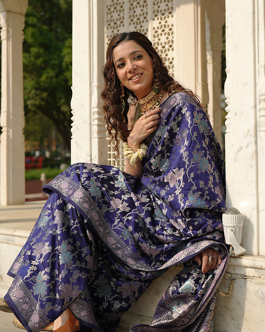 Navy Pure Banarasi Saree with Floral Meenakari Forest Weaving