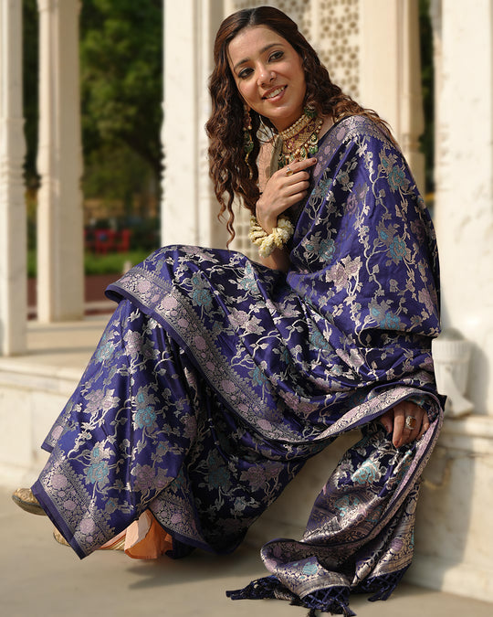Navy Pure Banarasi Saree with Floral Meenakari Forest Weaving