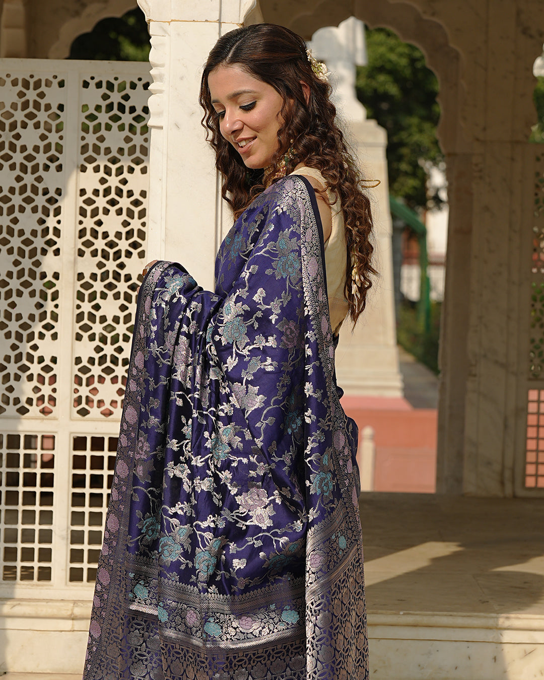 Navy Pure Banarasi Saree with Floral Meenakari Forest Weaving