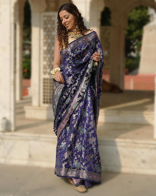 Navy Pure Banarasi Saree with Floral Meenakari Forest Weaving
