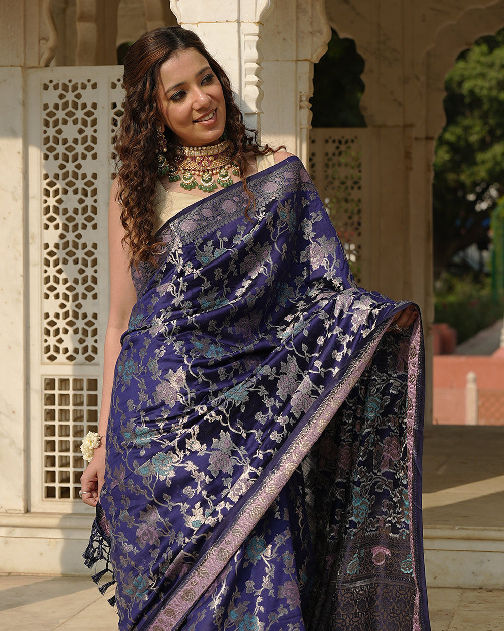 Navy Pure Banarasi Saree with Floral Meenakari Forest Weaving