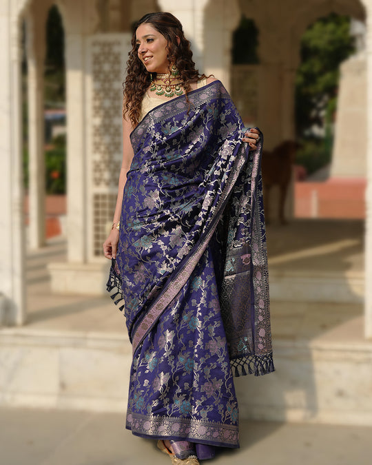 Navy Pure Banarasi Saree with Floral Meenakari Forest Weaving