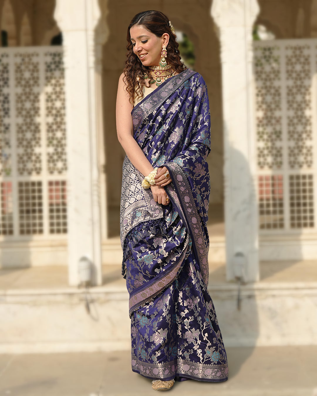 Navy Pure Banarasi Saree with Floral Meenakari Forest Weaving