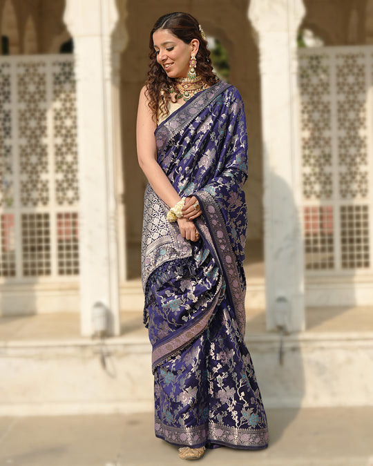 Navy Pure Banarasi Saree with Floral Meenakari Forest Weaving