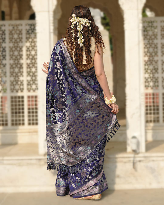 Navy Pure Banarasi Saree with Floral Meenakari Forest Weaving