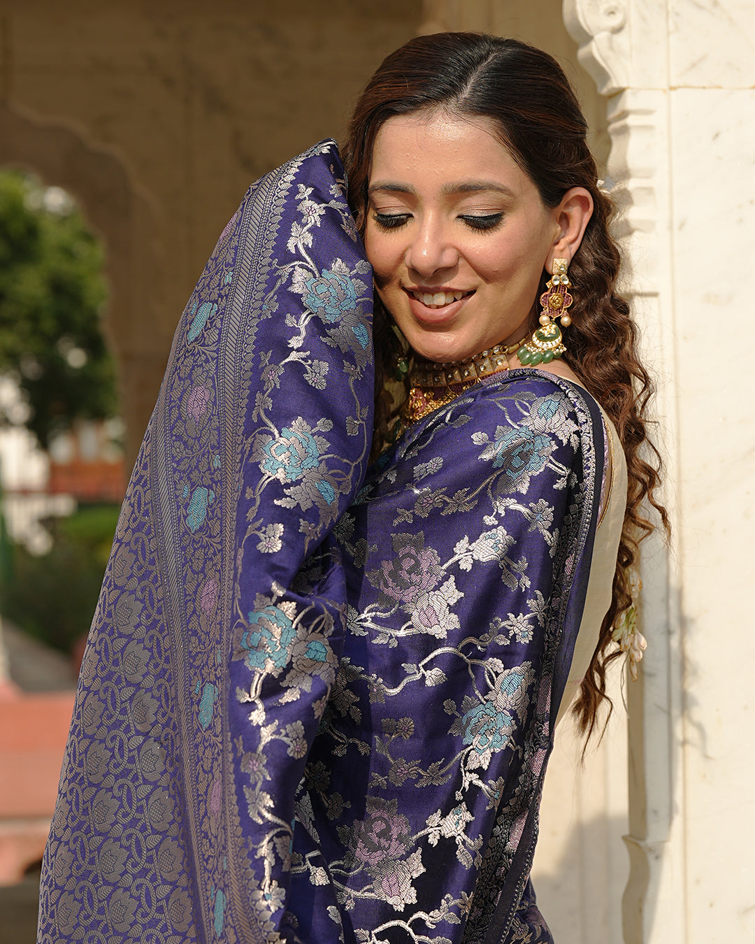 Navy Pure Banarasi Saree with Floral Meenakari Forest Weaving