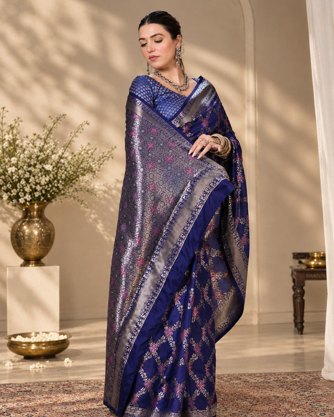 Dark Blue Pure Banarasi Saree with Geometric Multicolour Butidar Weaves