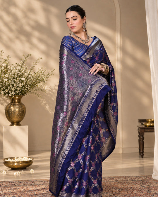 Dark Blue Pure Banarasi Saree with Geometric Multicolour Butidar Weaves