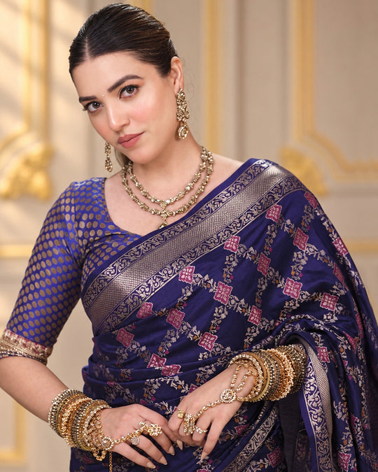 Dark Blue Pure Banarasi Saree with Geometric Multicolour Butidar Weaves