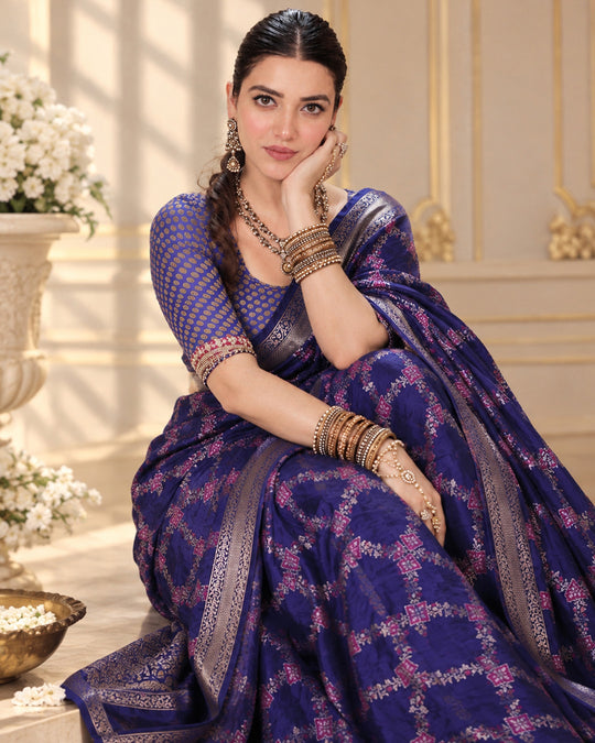 Dark Blue Pure Banarasi Saree with Geometric Multicolour Butidar Weaves