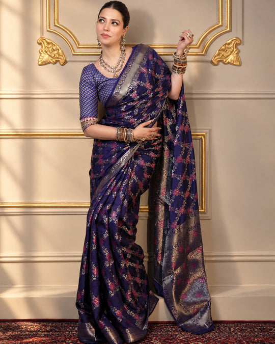 Dark Blue Pure Banarasi Saree with Geometric Multicolour Butidar Weaves