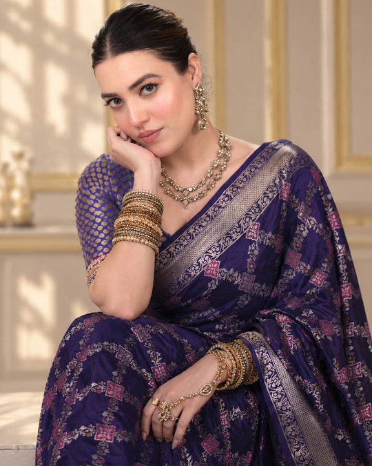 Dark Blue Pure Banarasi Saree with Geometric Multicolour Butidar Weaves