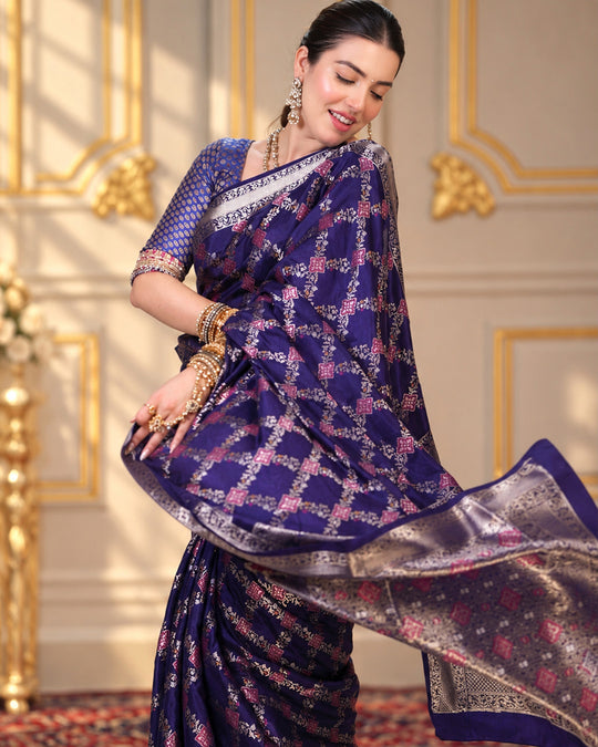 Dark Blue Pure Banarasi Saree with Geometric Multicolour Butidar Weaves