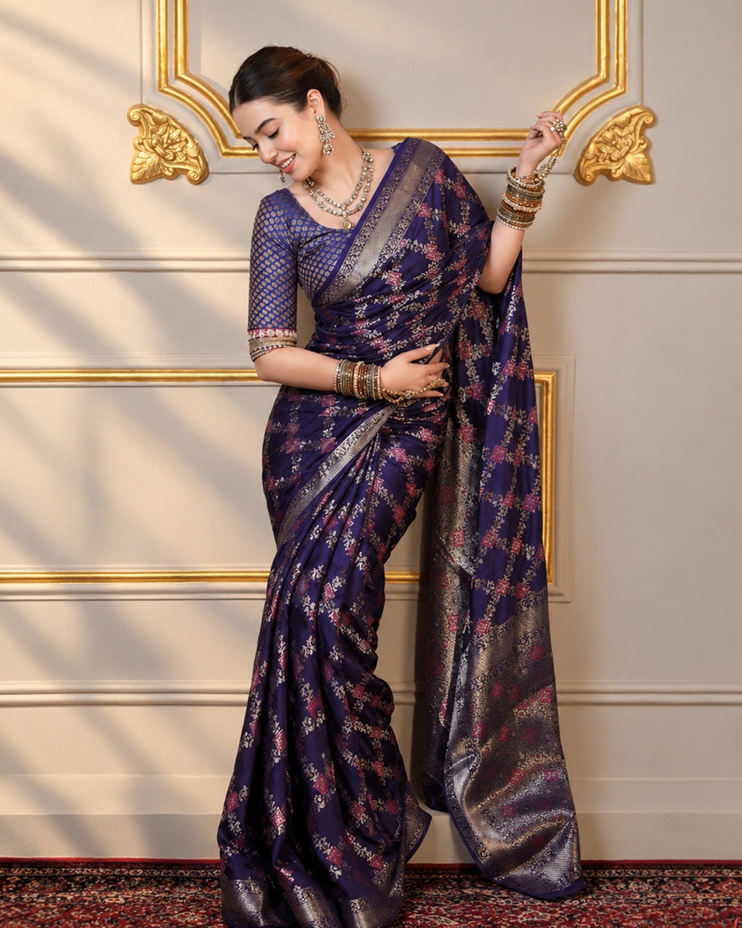 Dark Blue Pure Banarasi Saree with Geometric Multicolour Butidar Weaves