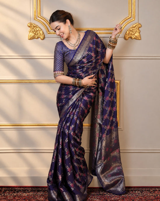 Dark Blue Pure Banarasi Saree with Geometric Multicolour Butidar Weaves