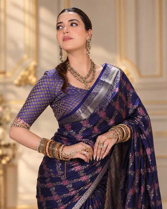 Dark Blue Pure Banarasi Saree with Geometric Multicolour Butidar Weaves
