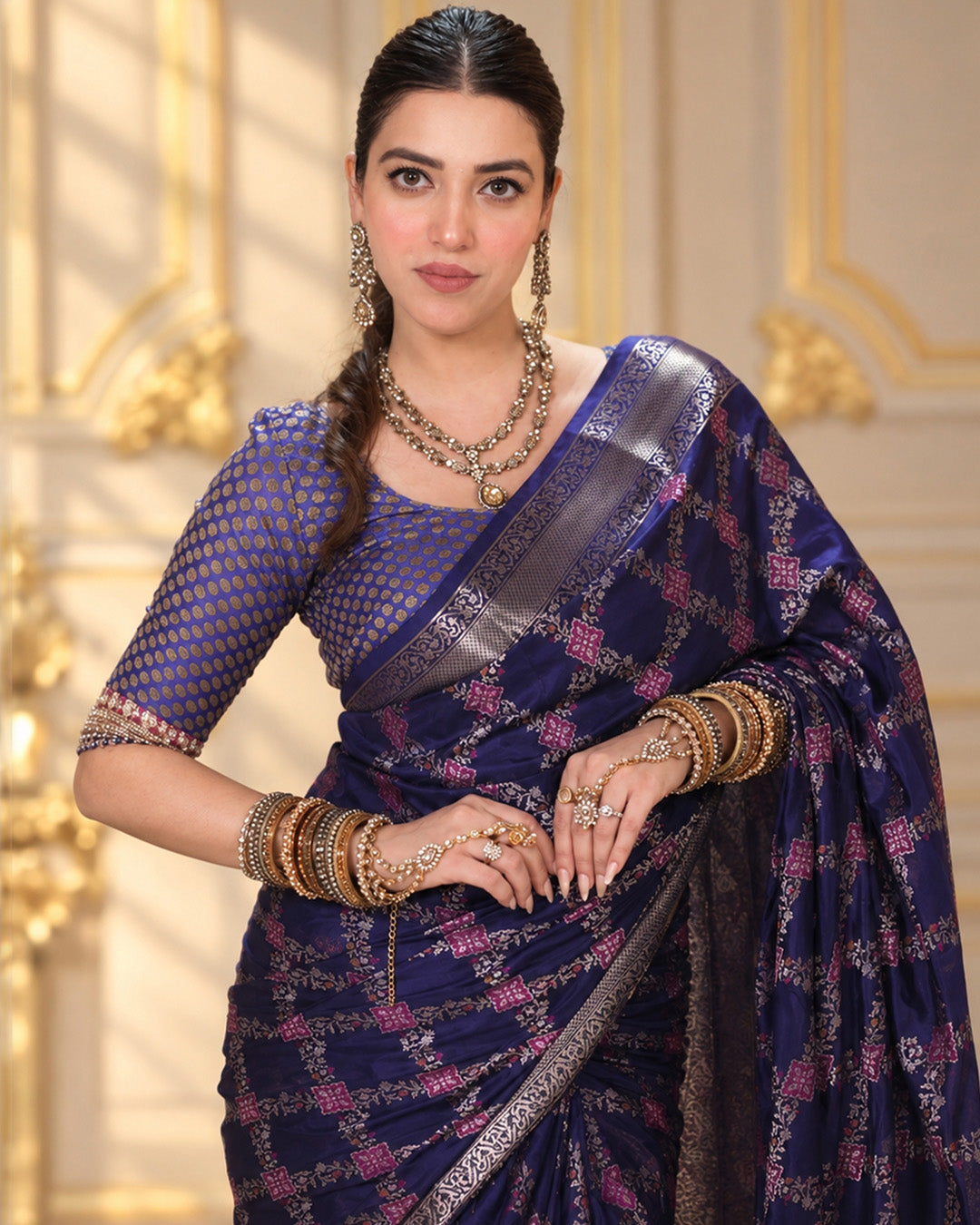 Dark Blue Pure Banarasi Saree with Geometric Multicolour Butidar Weaves