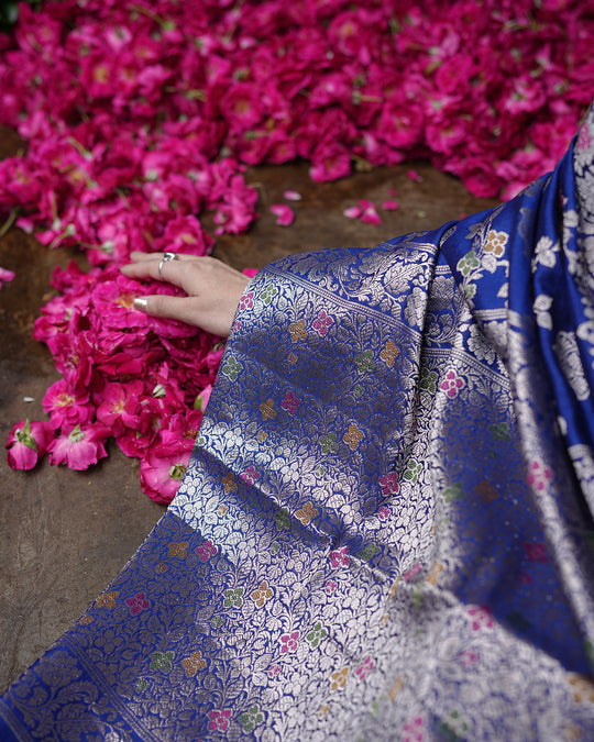 Blue Radiance Pure Banarasi Saree Enchanting Floral Butidar Elegance